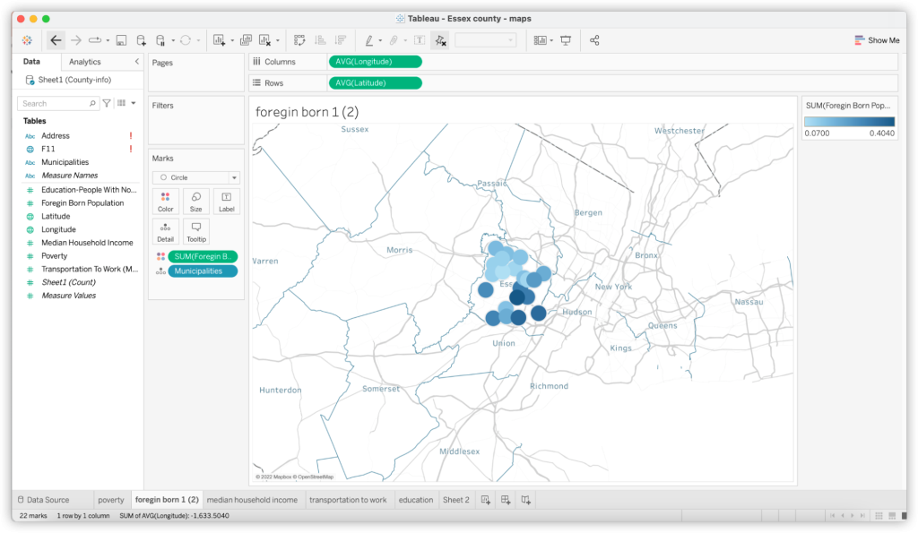 Screenshot from Tableau showing different types of data on a map created from the data