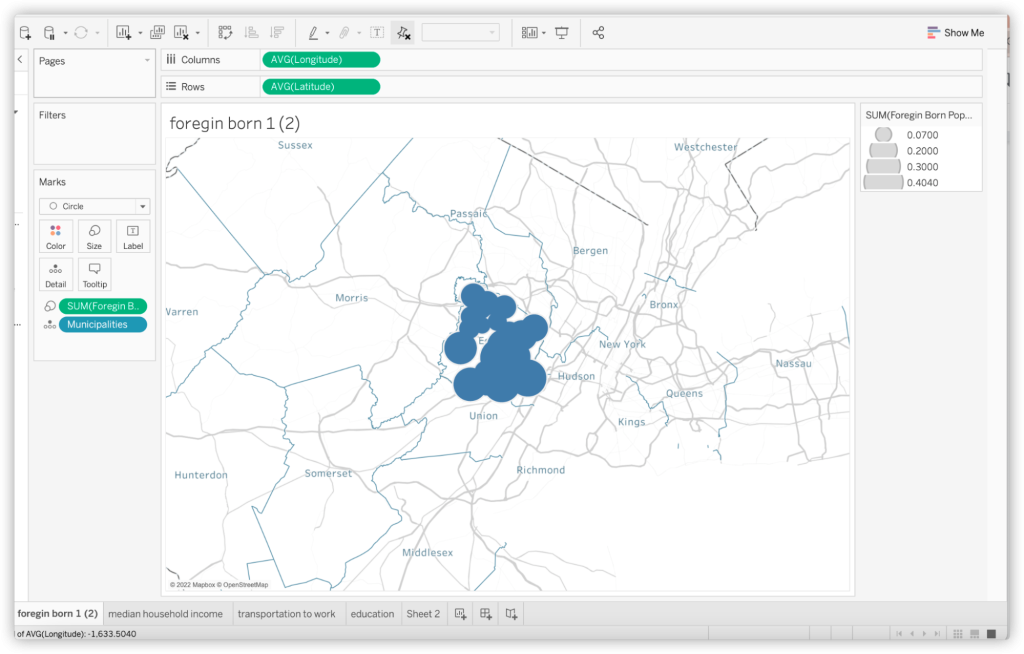 Screenshot from Tableau showing display of data based on the size of the icons