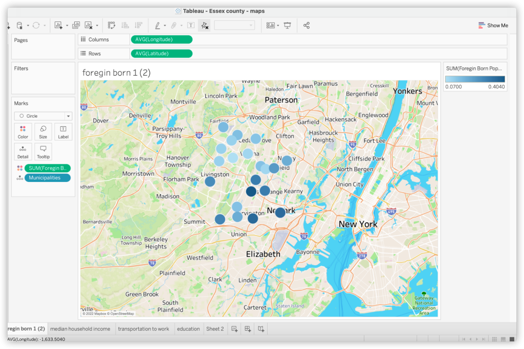 Screenshot from Tableau showing data displayed on a street-level map background