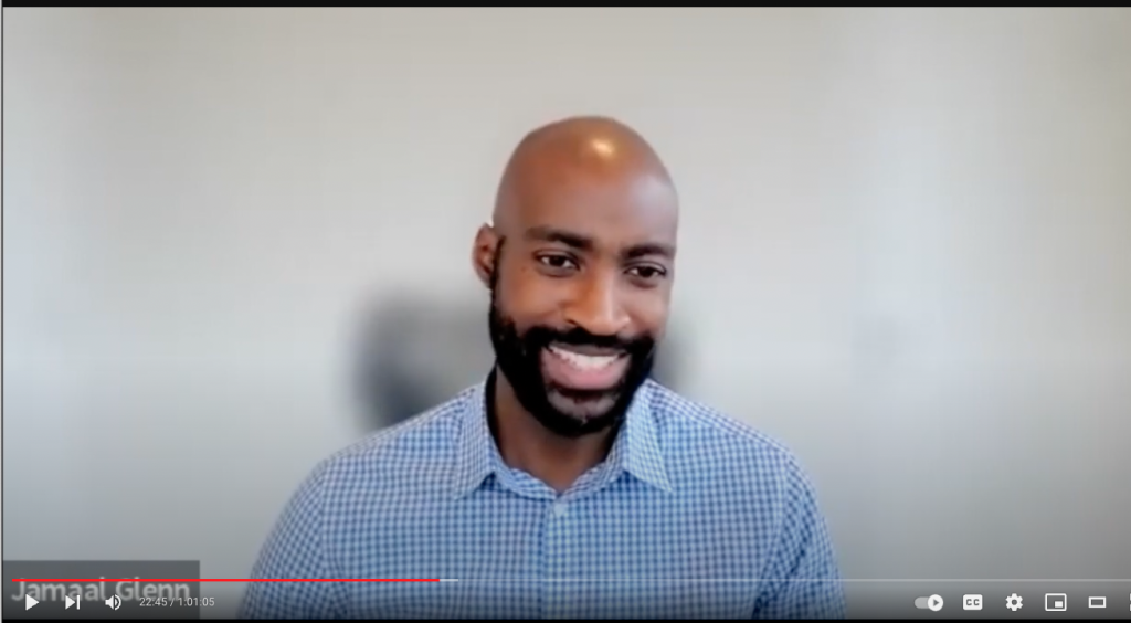 Jamaal Glenn, Pivot Fund board chair and Director at Schmidt Futures, hosts the podcast. Screenshot from the podcast which is also uploaded to YouTube.