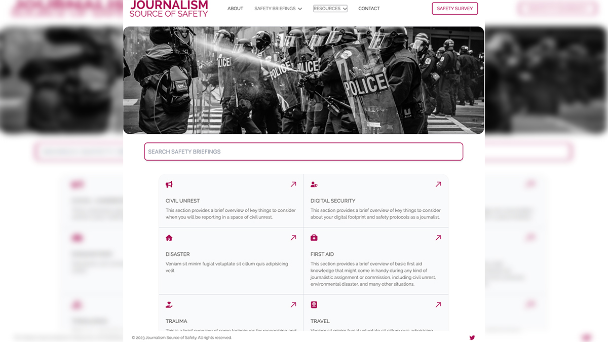 Screenshot of Journalism Source of Safety homepage
