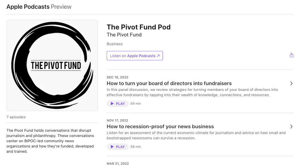 Pivot Fund Pod Apple Podcsts preview page