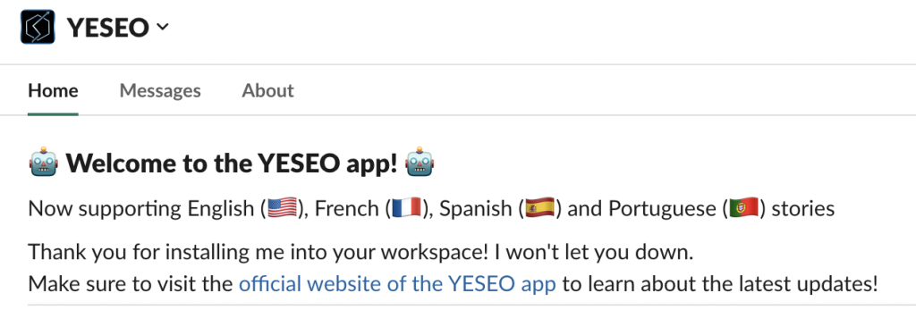 Screenshot of YESEO welcome page