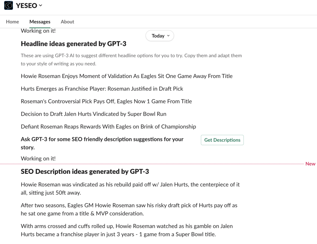 Screenshot of YESEO headline ideas generated by GPT-3