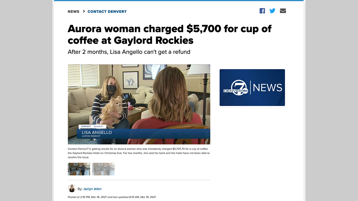 Screenshot of Allen's $5,000 cup of coffee story on Denver7 website.