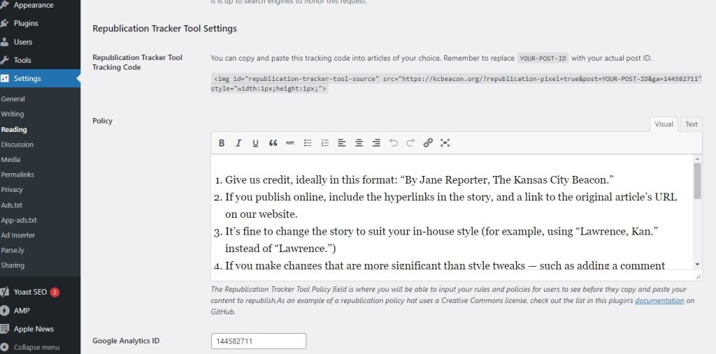 Republication Tracking Tool Settings