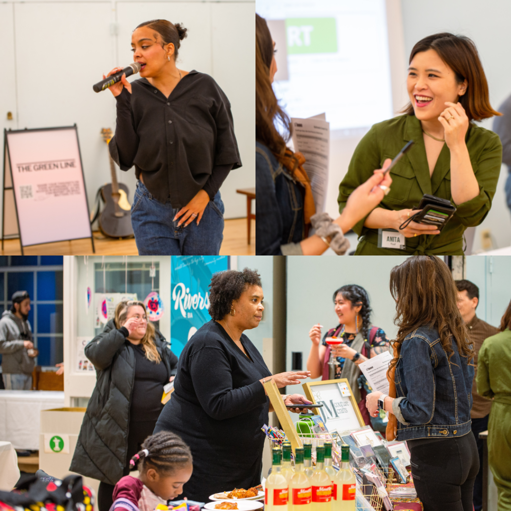 Top left: Local Riverside-based artist Mighloe performs at The Green Line's Winter Marketplace event for its January Action Journey. Top right: The Green Line editor-in-chief Anita Li kicks off the Winter Marketplace event. Bottom: Customers chat and purchase items from local vendors at The Green Line's Winter Marketplace event.
