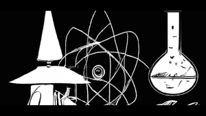 Black and white illustration of a laboratory flask, a model of an atom and a cartoon witch.