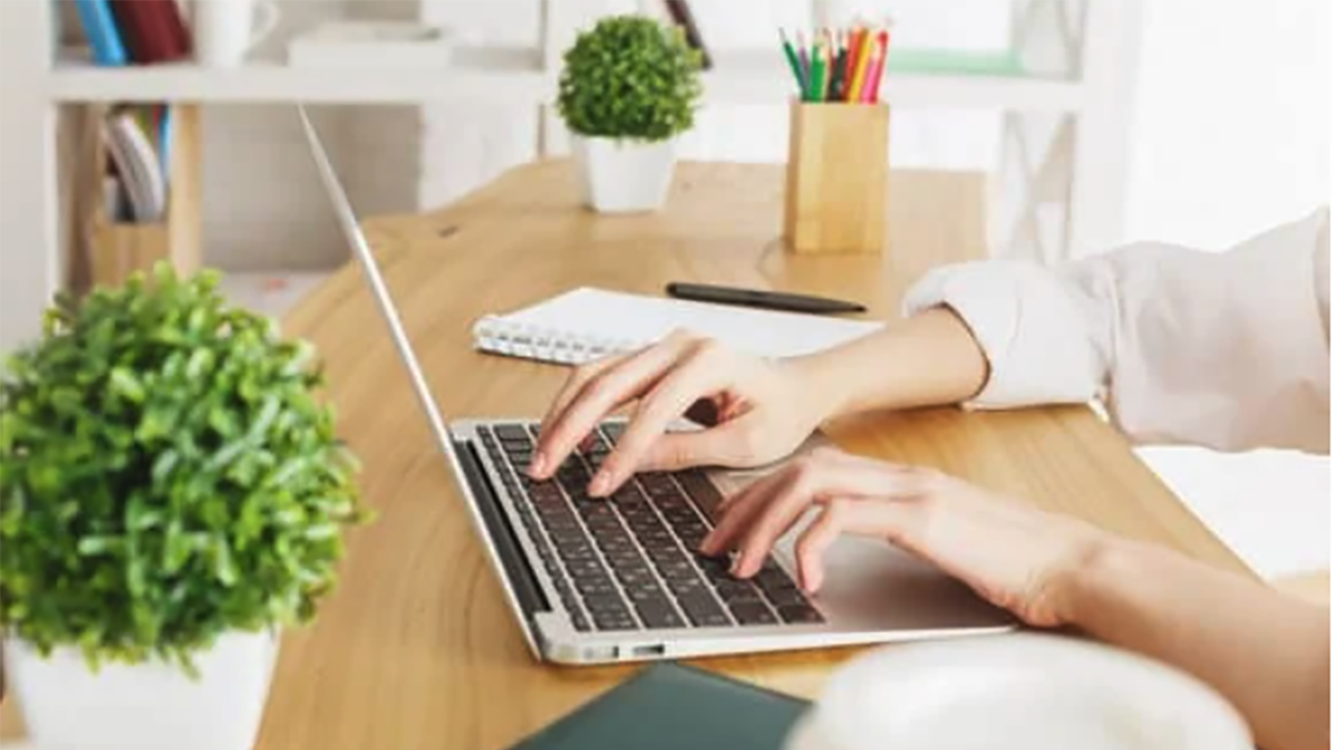 Woman typing on a laptop with small plants and a pencil holder on her desk.