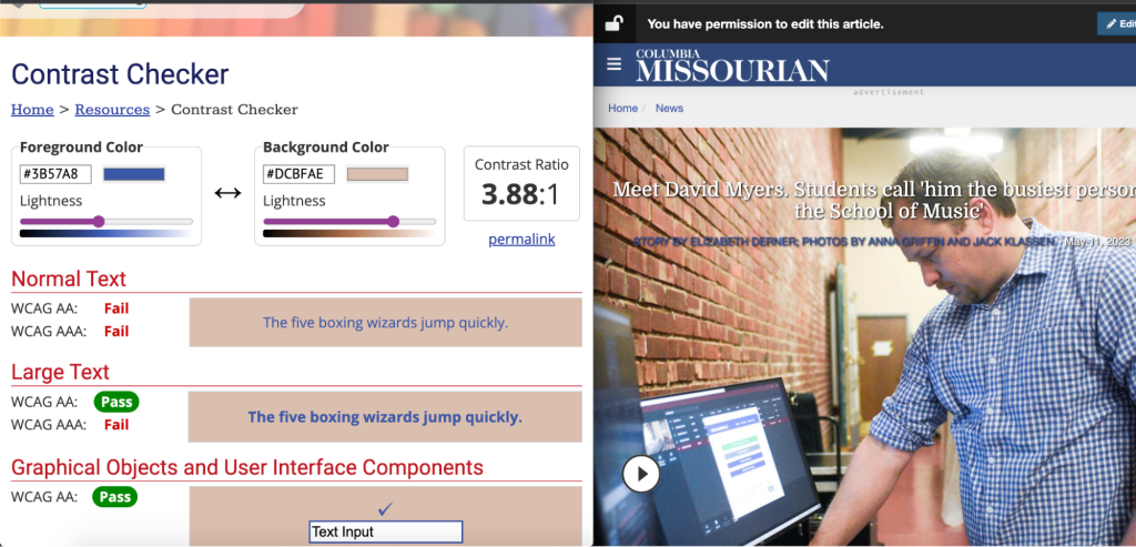 On the left side of this screenshot is the color contrast checker, and the right side is a Missourian story with white text written over a brick wall.