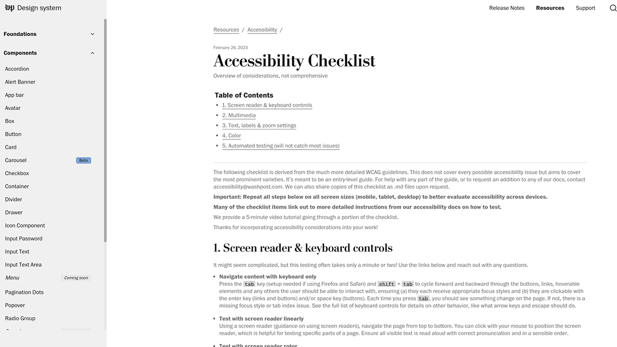 A screenshot of the Washington Post's Accessibility Checklist. The first listed item is Screen reader & keyboard controls.