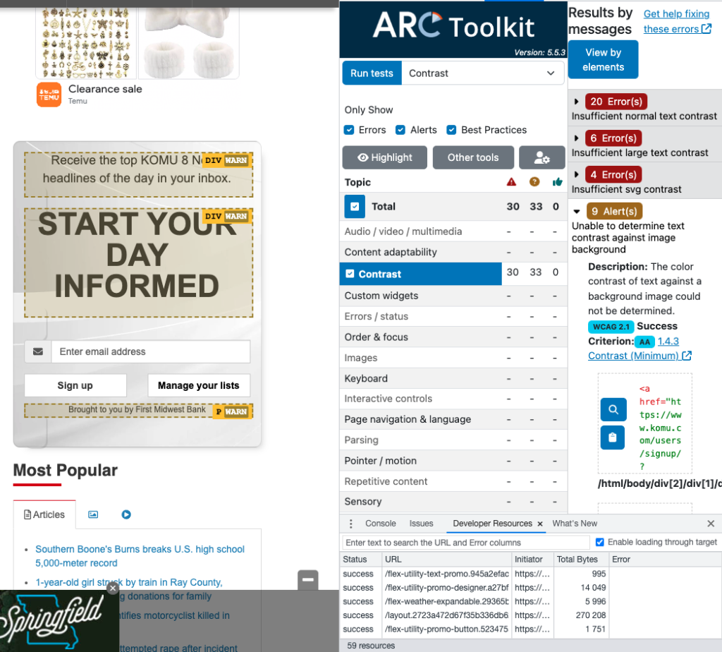 A screenshot showing KOMU's website on the left and the ARC toolkit on the right. The toolkit lists errors, which also appear highlighted in yellow on KOMU's site.

