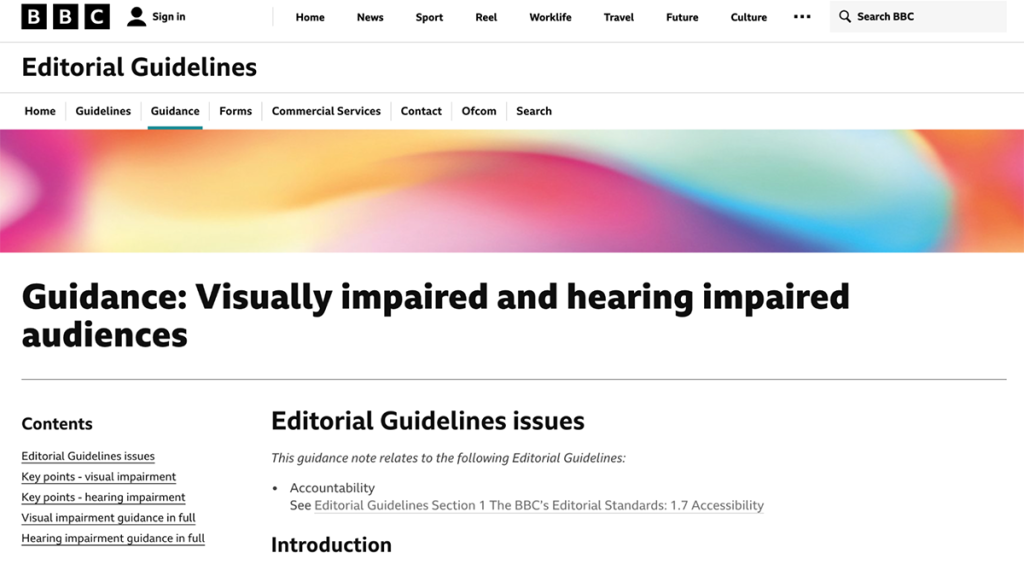 Screenshot from BBC website. Editorial Guidelines. Guidance: Visually impaired and hearing impaired audiences