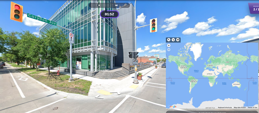 A screenshot of the online game GeoGuessr, where players guess where a photographed location is on a world map.