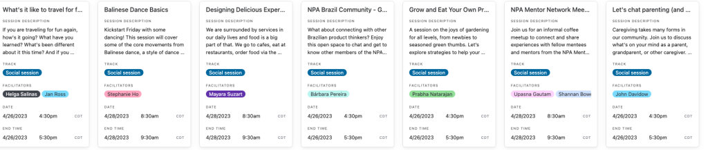 A screenshot of the social sessions for the 2023 News Product Alliance Summit.