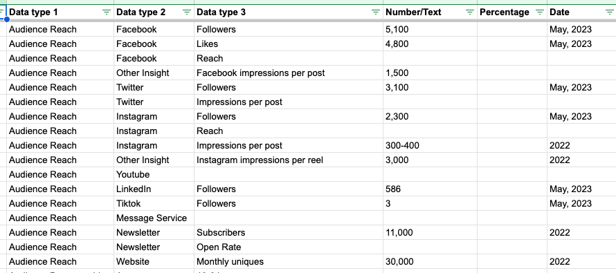 Screenshot of our spreadsheet showing social media platforms and their various data points after the data had been cleaned.
