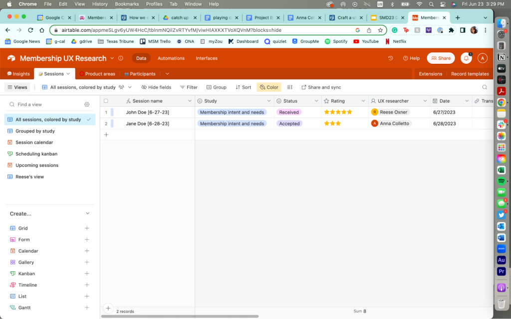 Screenshot of the Texas Tribune Membership UX Research Airtable Base
