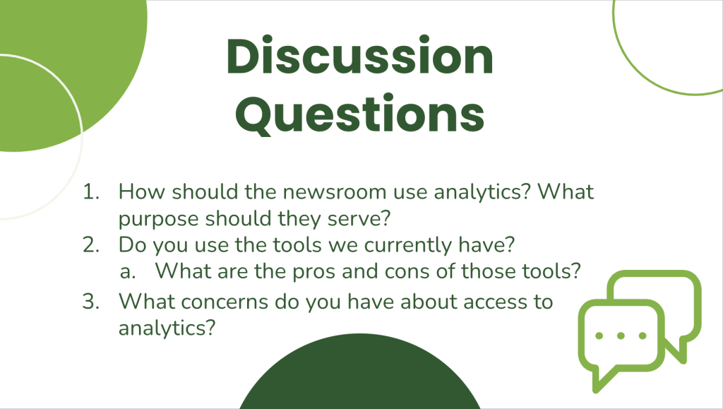 A slide from Emily Hood’s StribU presentation showing discussion questions related to analytics.
