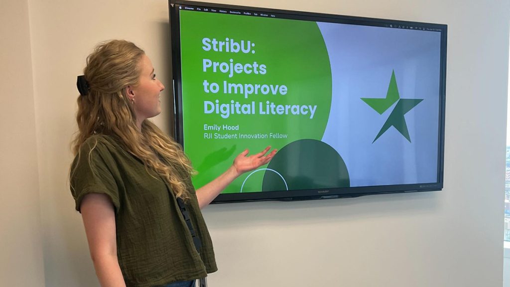 Emily Hood presents her proposed projects to reporters and editors in the Star Tribune’s office in downtown Minneapolis. Photo: Sydney Lewis