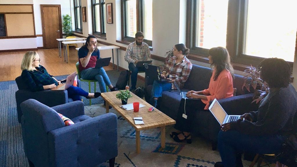 L-R: Madison Hopkins, Josh Merchant, former intern Marco Schaden, Hilary Becker, Interim Publisher Jennifer Hack Wolf, Mili Mansaray, (Not pictured) Gary Enrique Bradley-Lopez. A Kansas City Beacon all-staff meeting in September 2022.