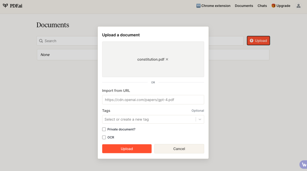 Screenshot from upload screen in PDF.ai