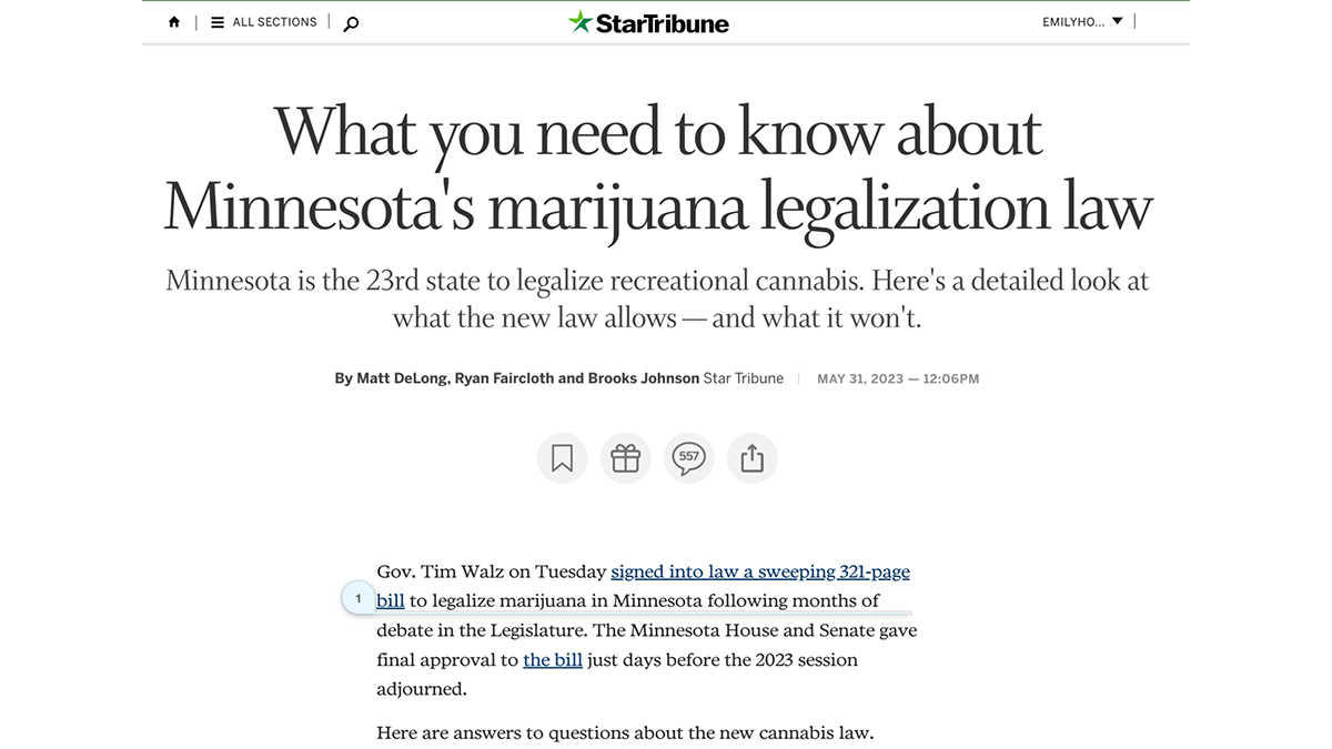 Screenshot from StarTribune website | What you need to know about Minnesota's marijuana legalization law