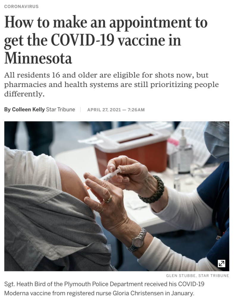 Screenshot from StarTribune website | How to make an appointment to get the COVID-19 vaccine in Minnesota