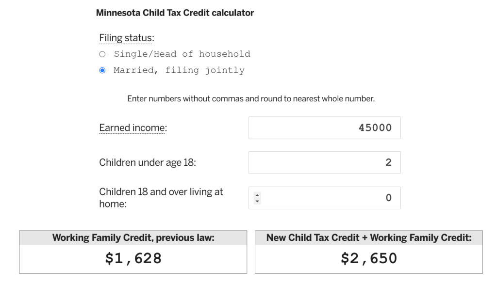 Screenshot from StarTribune website | Minnesota Child Tax Credit calculator