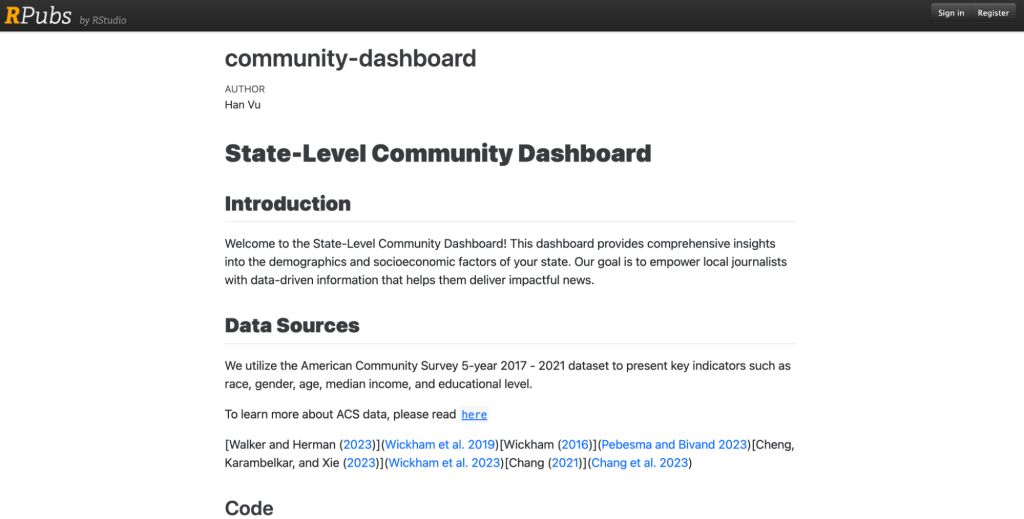 A screenshot of the Quarto documentation for creating the state level dashboard.
