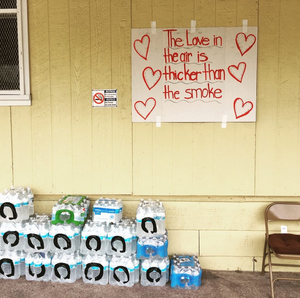 A sign outside the Redwood Valley Grange which served as a community center during the Redwood Complex fires, October 2017.