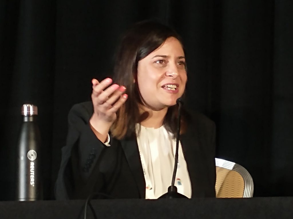 Leela de Kretser, global breaking news editor at Reuters, speaks on a panel at ONA23. "The less reporters are doing of  mundane tasks, the more they can be focused on the 'new' in news gathering," de Kretser said.