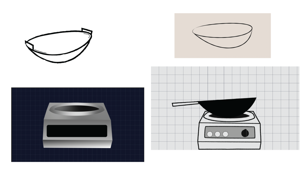 Drafts of the wok design. The upper-right is the one that was confused for a contact lens. The bottom right was the final design for the story. 
