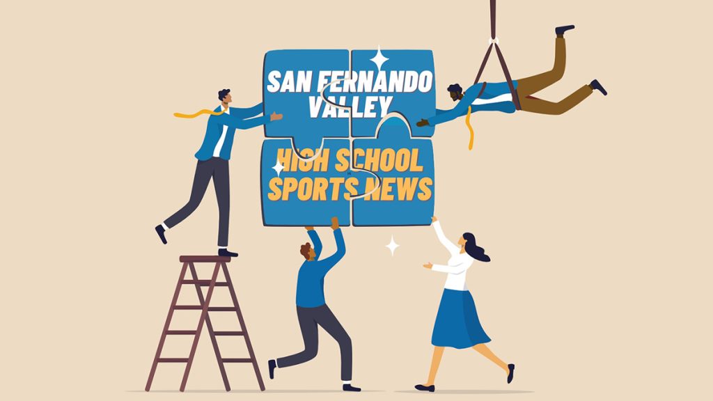 Illustration of four people holding up large jigsaw puzzle pieces to form a sign tht says "San Fernando Valley High School Sports News."