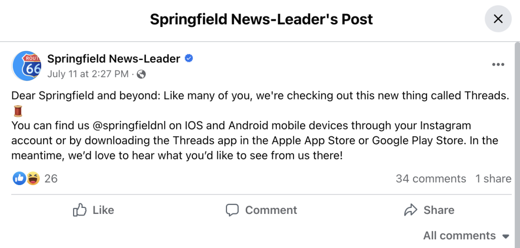 Screenshot of Threads post from Springfield News-Leader