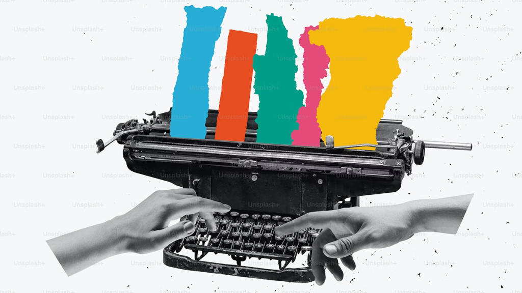 Disembodied hands use an old-fashioned typewriter that outputs a series of brightly colored paper scraps