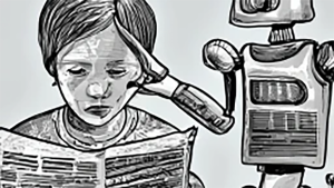 Prompt: A human and a robot reading the newspaper together via Craiyon.com.