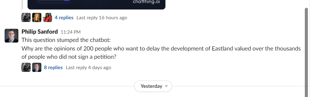 A reader gives feedback in The Nerve’s Slack space after interacting with its test chatbot.
