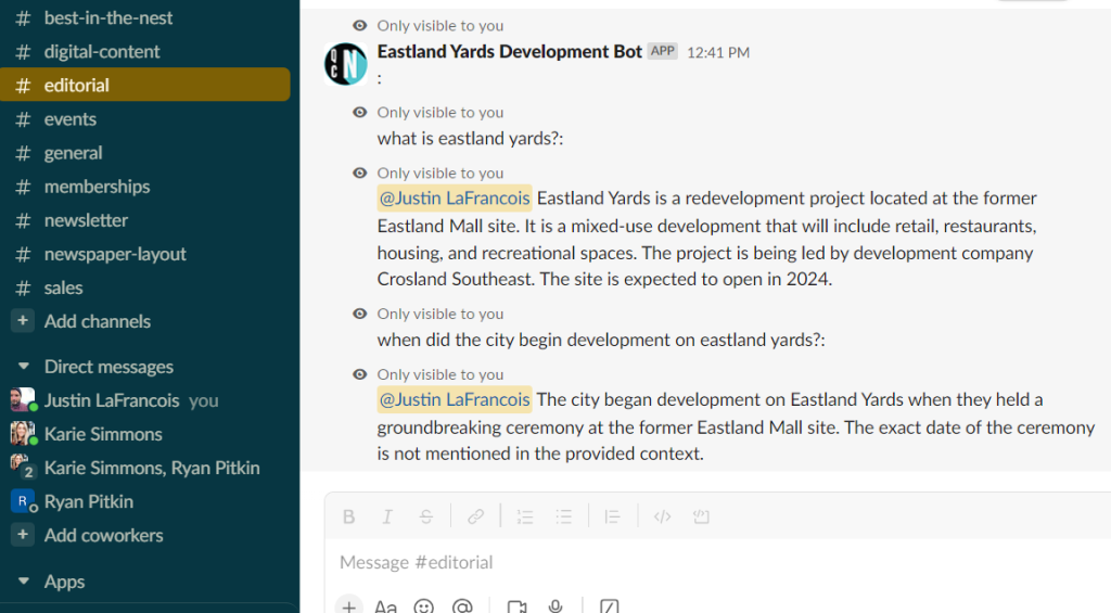 A screenshot of The Nerve’s Slack space where publisher Justin LaFrancois tested a chatbot about a development project.