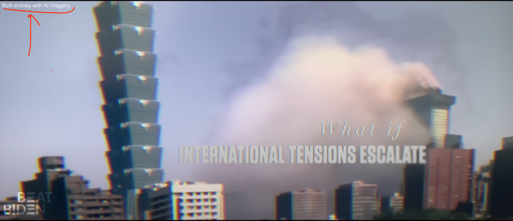 Explosion in a city with a note about all images being AI generated