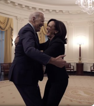 Photo purported to be President Biden and Vice President Harris dancing in the White House at the news of Donald Trump's indictment.
