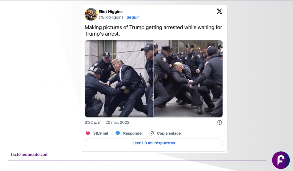 Screenshot from Twitter user Eliot Higgins' account with images of Donald Trump being dragged away by police, with the text Making pictures of Trump getting arrested while waiting for Trump's arrest.