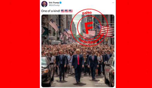 Screenshot from Eric Trump's Twitter account showing an image of Donald Trump marching down a street followed by thousands of ordinary people, with a large red F and the text Falso, Factchequeado.