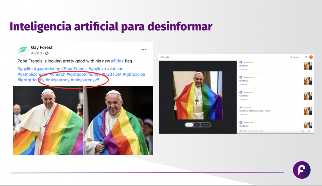 Screenshots of the Pope wrapped in a Pride flag, with the headline Inteligencia artificial para desinformar