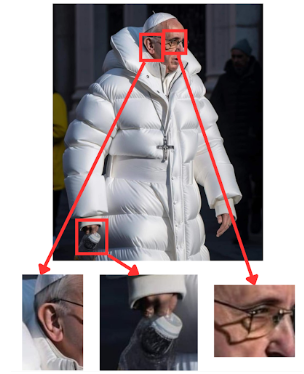 Image of the Pope wearing a designer parka, with closeups pointing out how to spot that it was AI generated.
