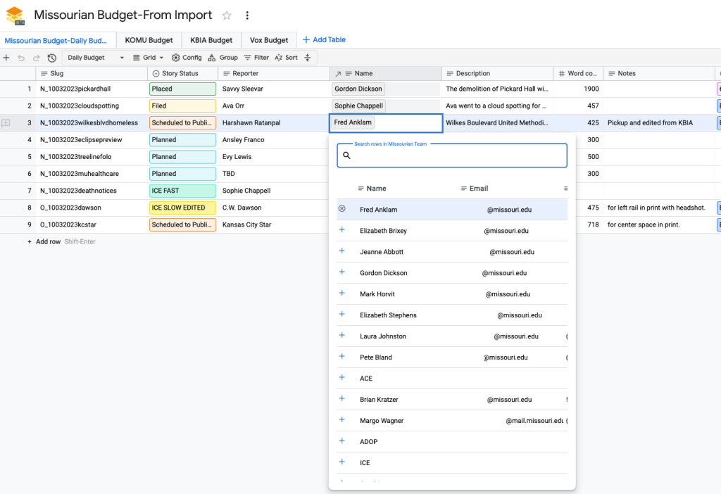 Screenshot: Google Tables includes a lookup column type that allows you to link one column to another table. In this case, we imported a separate CSV file with the Missourian editorial team’s information.