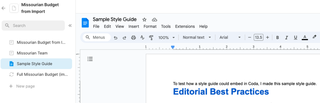 This screenshot shows a new Coda feature that allows users to embed outside documents or links in the sidebar. 