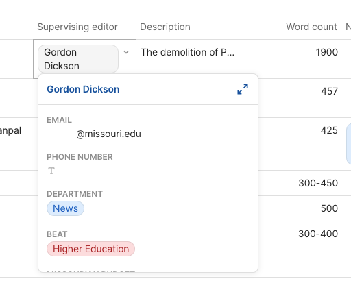This screenshot shows how the related column looks in Coda when hovering over an editor’s name. This contact information is in a separate table with the Missourian editors’ information.
