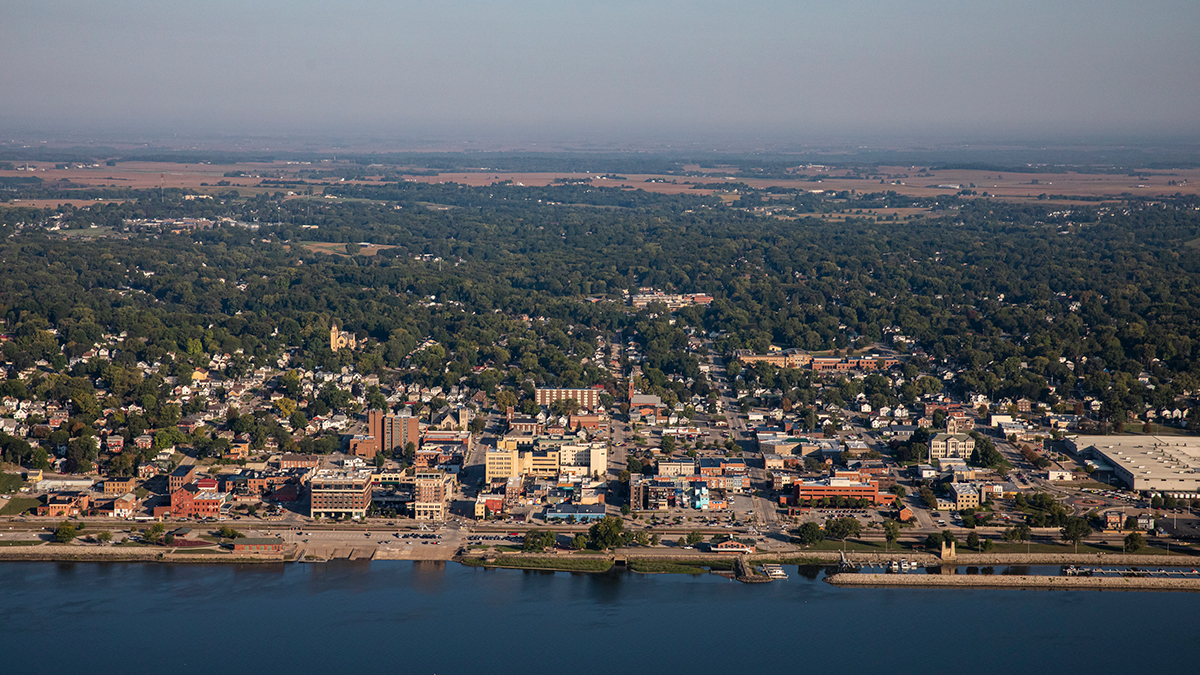 An aerial view of Muscatine, Iowa on the Mississippi River on Monday, September 18, 2023. Aerial support provided by LightHawk. Photo: Nick Rohlman | The Gazette