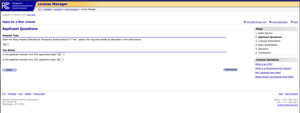 Screenshot from FCC License Manager