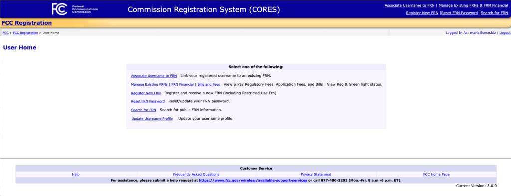 Screenshot from FCC Commission Registration System (CORES)